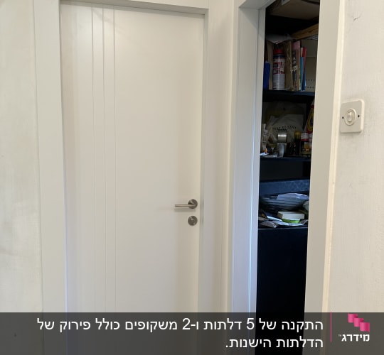 דלת לבנה עם ידית מתכת, דלת פתוחה למחסן